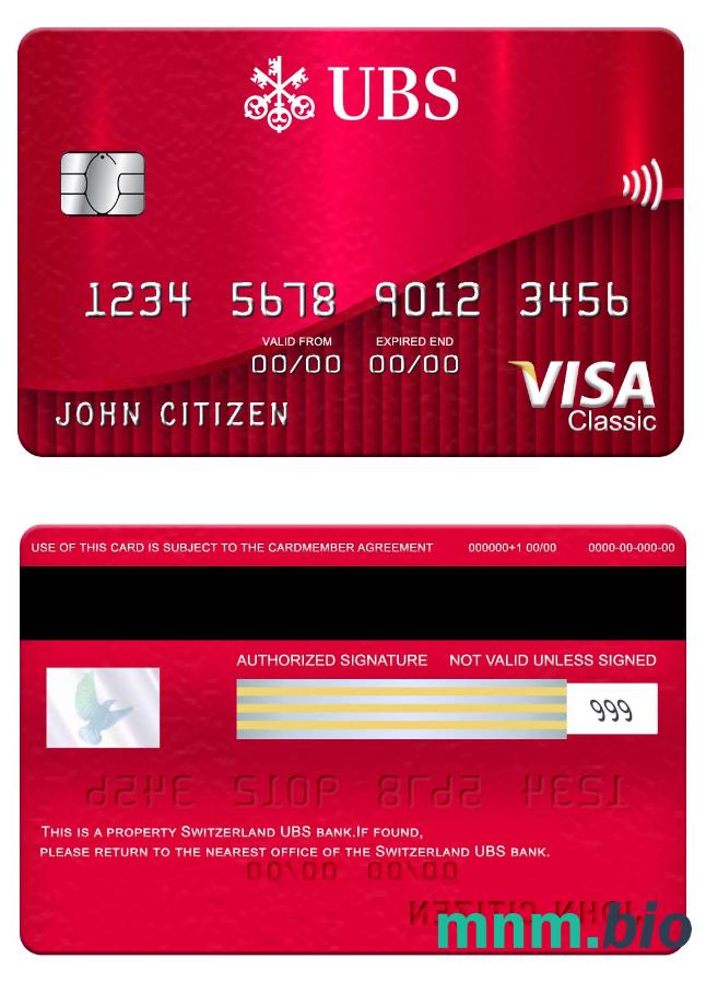 Switzerland UBS bank visa klasyczny karta przykład w formacie PSD